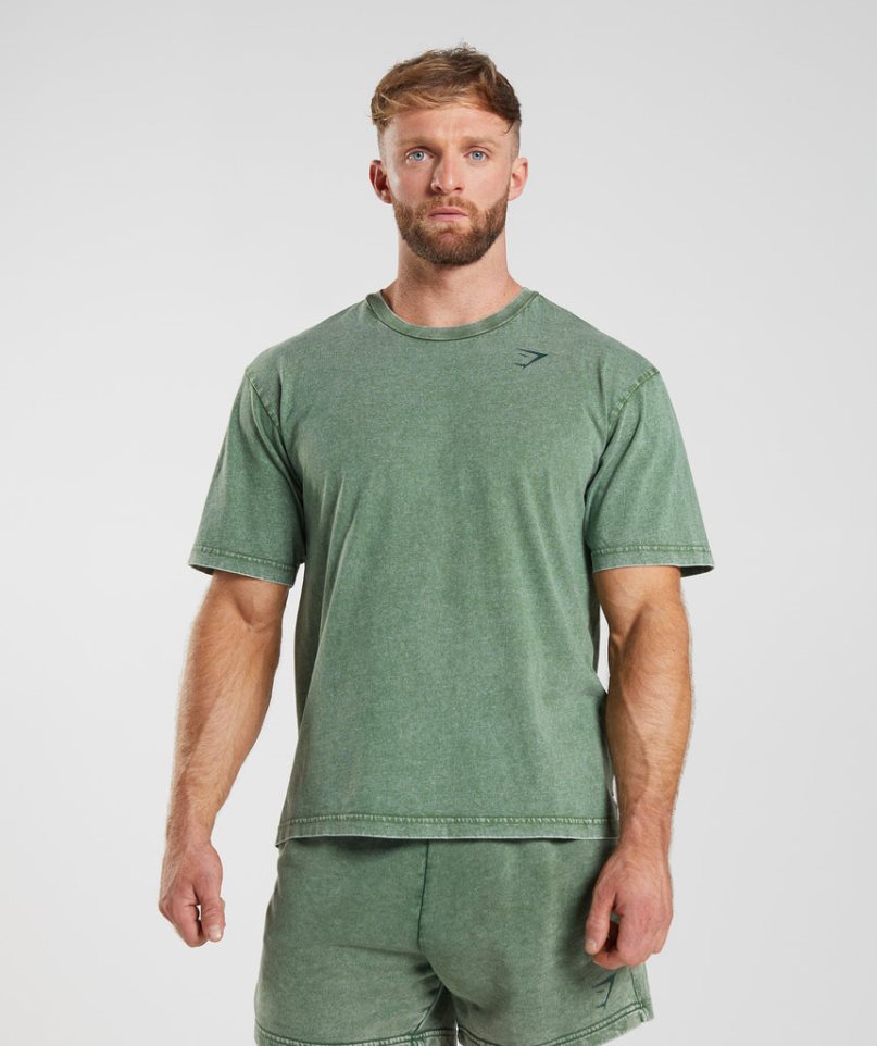 Men's Gymshark Power Washed T-Shirts Green | CA 6103DN